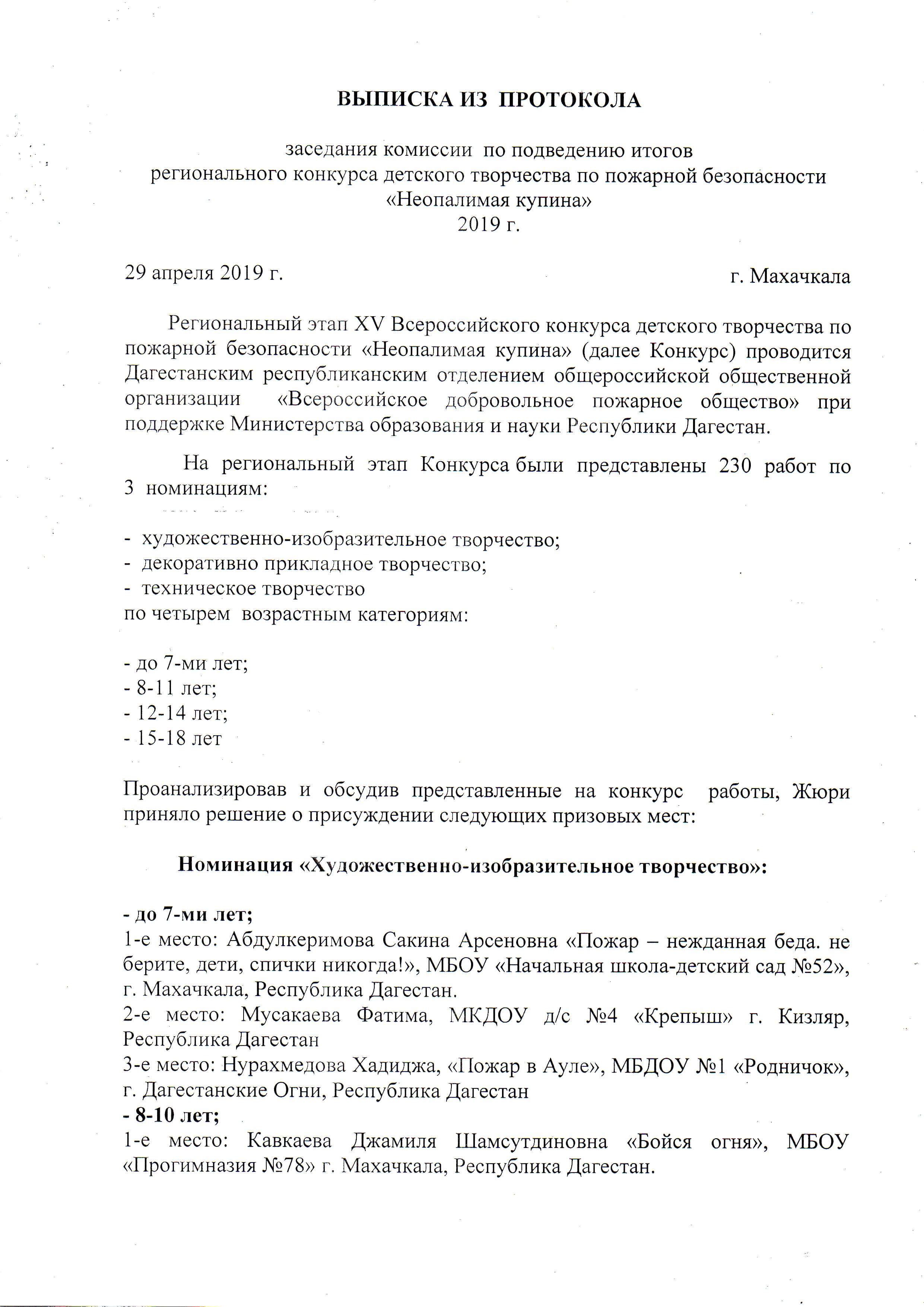 Протокол итогов регионального этапа Всероссийского конкурса детского  творчества по пожарной безопасности 